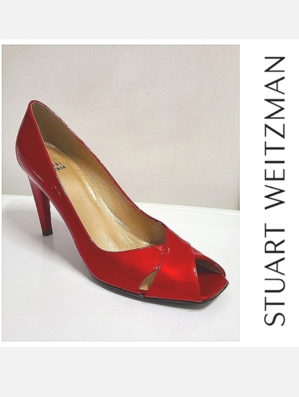 Stuart Weitzman Max Patent Leather Pumps Peep Toe Heels Red Quasar Sz 8½N
